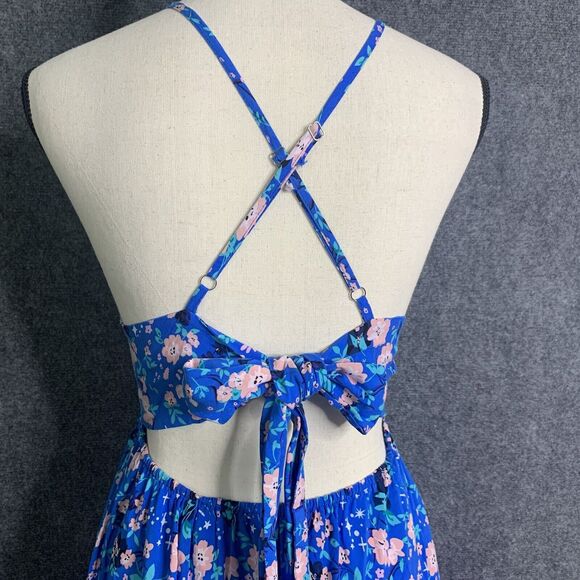 Unbranded Floral Strappy Sun Dress XS Blue Pink Open Tie Back Elastic Pullon - Picture 7 of 9